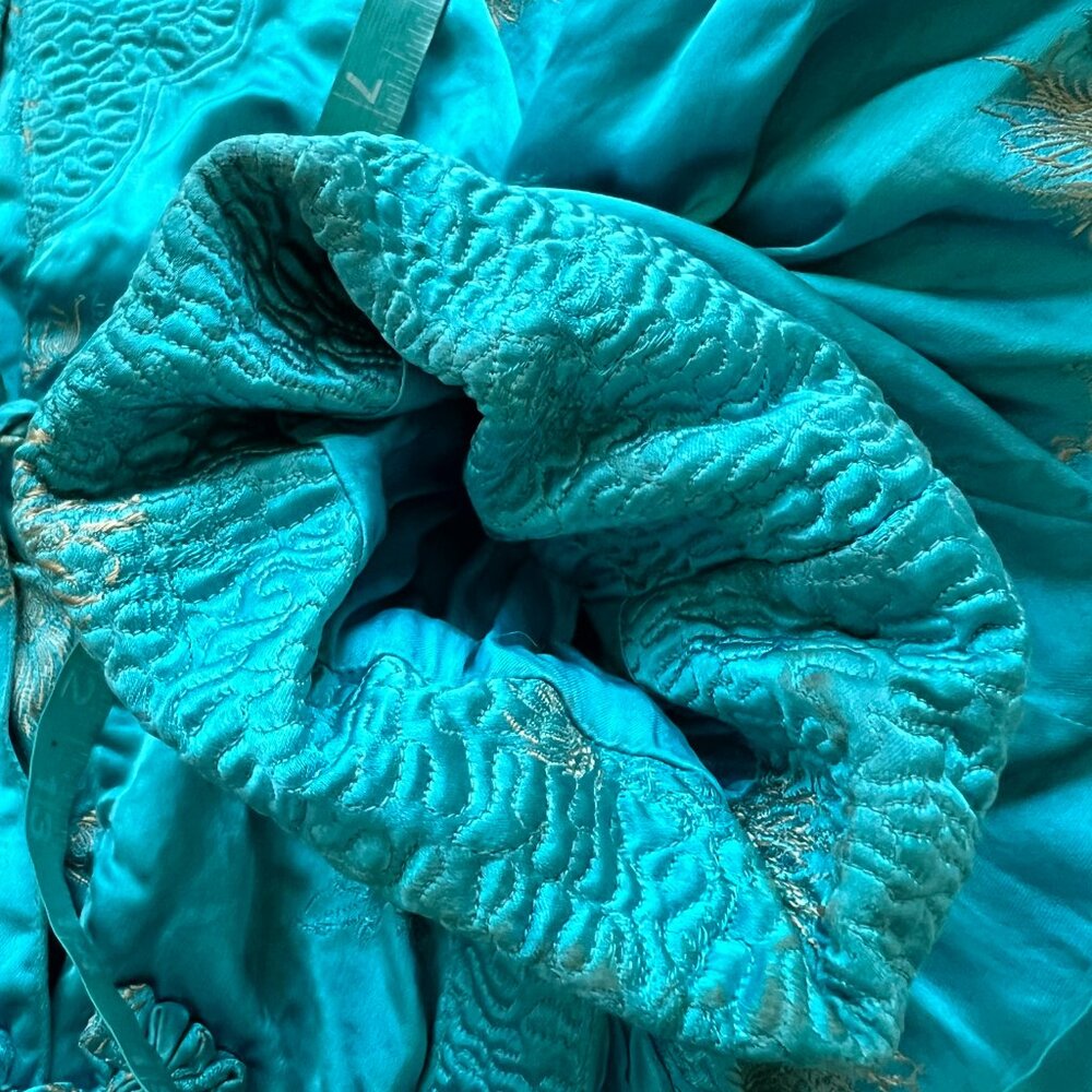 Traditional Chinese smoking jacket blue silky chrysanthemum floral design Small - Picture 11 of 11